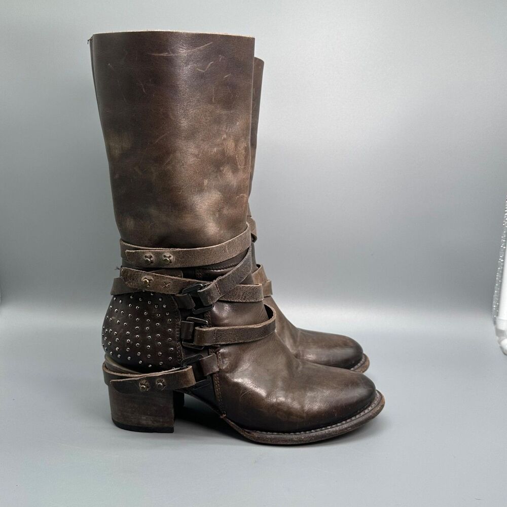 Freebird By Steven Coy Studded Leather Tall Boots Womens Size 7 Shoe Cross Strap